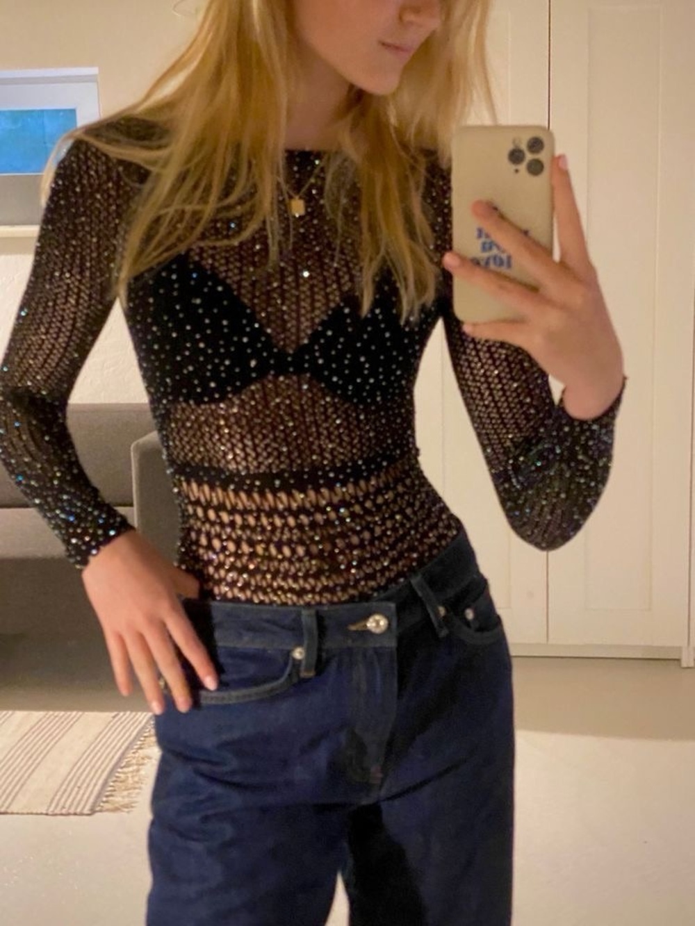 Black Gem-Studded Long-Sleeve Smocked Bodysuit